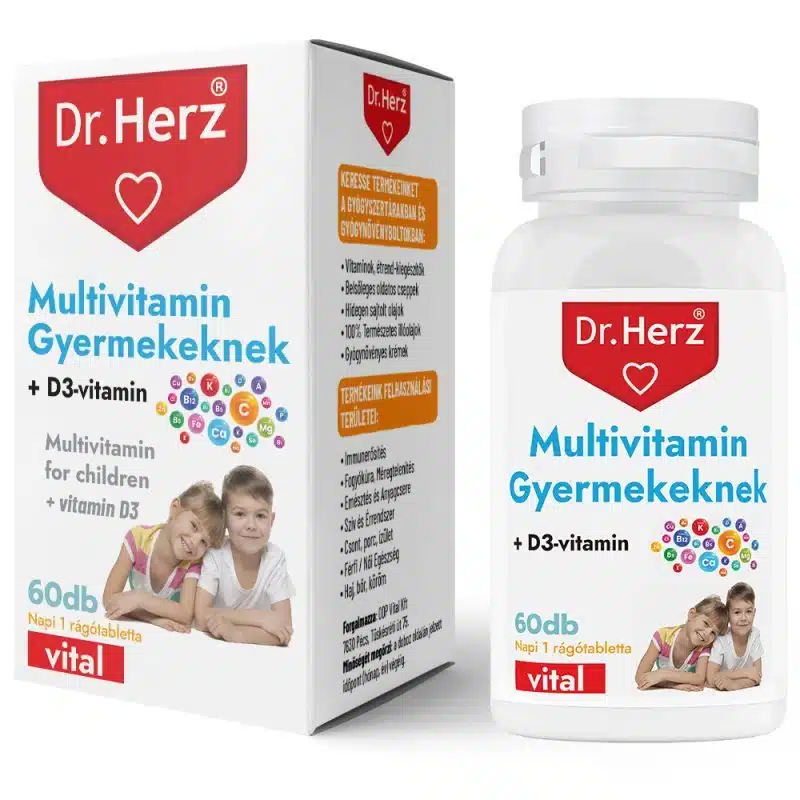 Dr. Herz gyerek multivitamin + D-vitamin rágótabletta - 60db Dr. Herz gyerek multivitamin + D-vitamin rágótabletta - 60db