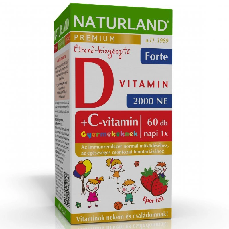 Naturland C+D forte D3-vitamin 2000NE + C-vitamin 50mg eper ízű gyerek rágótabletta - 60db