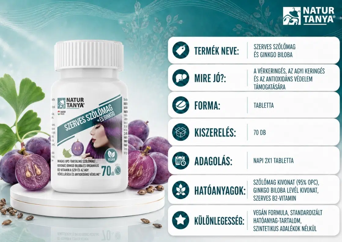 Natur Tanya Szerves szőlőmag + ginkgo tabletta - 70db
