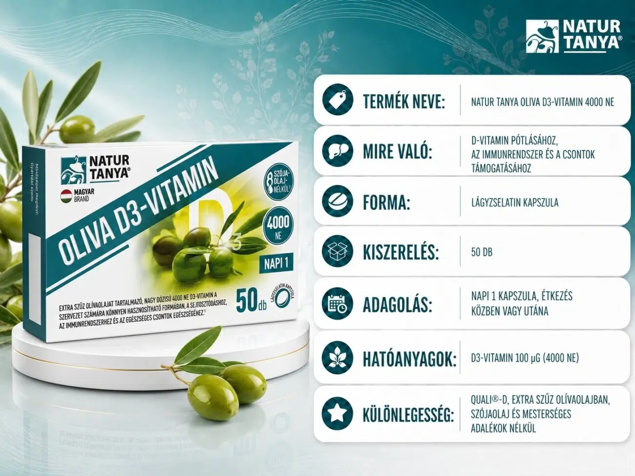 Natur Tanya OLIVA D3-vitamin 4000NE lágyzselatin kapszula