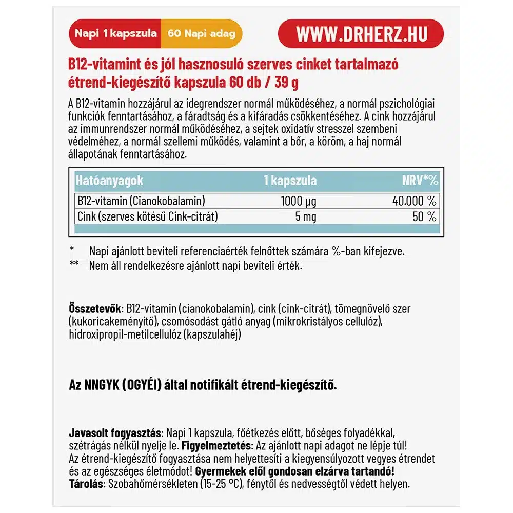 Dr. Herz B12-vitamin 1000 mcg + Szerves Cink kapszula Dr. Herz B12-vitamin 1000 mcg + Szerves Cink kapszula
