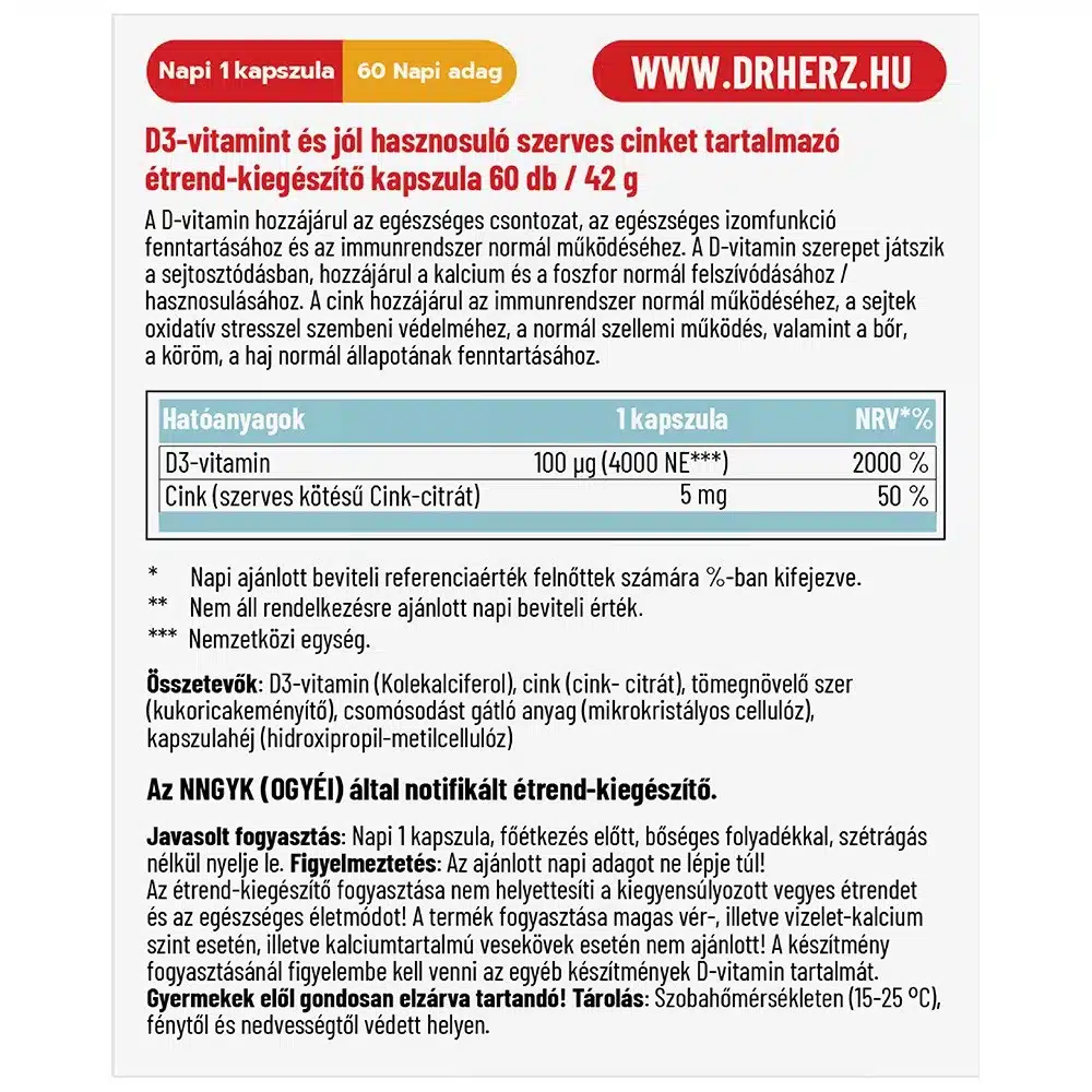 Dr. Herz D3-vitamin Forte 4000NE + Szerves Cink kapszula Dr. Herz D3-vitamin Forte 4000NE + Szerves Cink kapszula