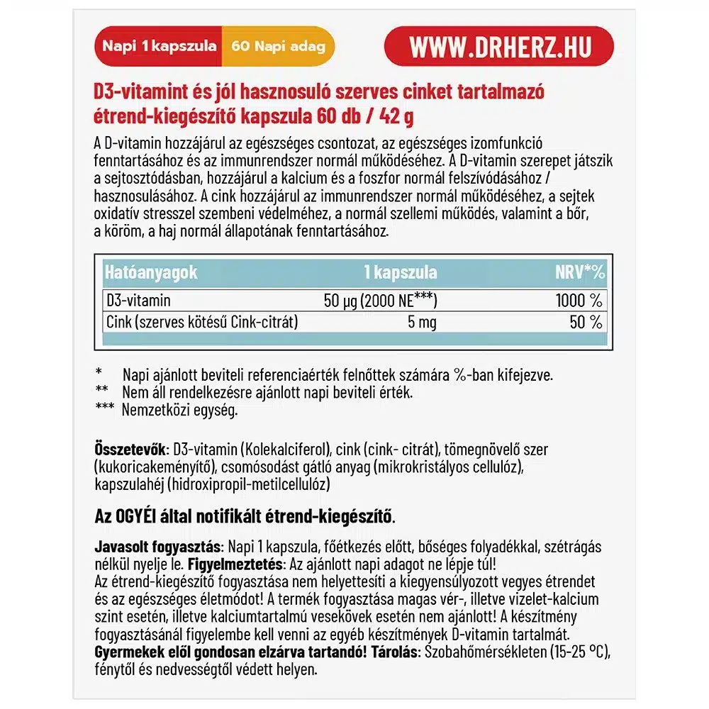 Dr. Herz D3-vitamin 2000NE + Szerves Cink kapszula Dr. Herz D3-vitamin 2000NE + Szerves Cink kapszula