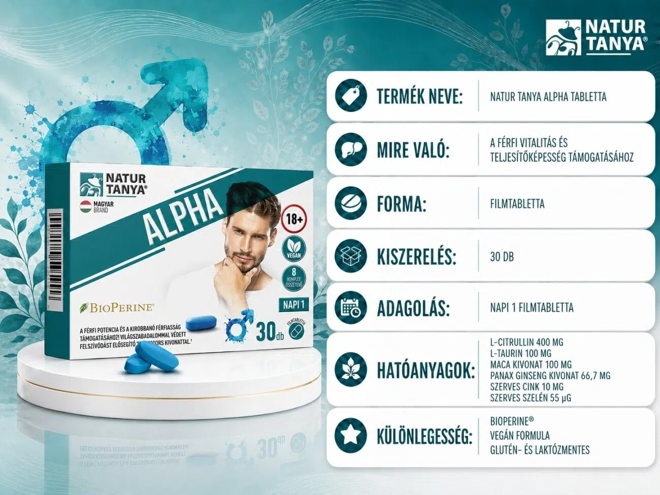 Natur Tanya ALPHA 30 db tabletta termékinformáció kártya, adagolás, összetevők, hatóanyagok, L-taurin (aminosav) 100 mg, 10 mg szerves cink