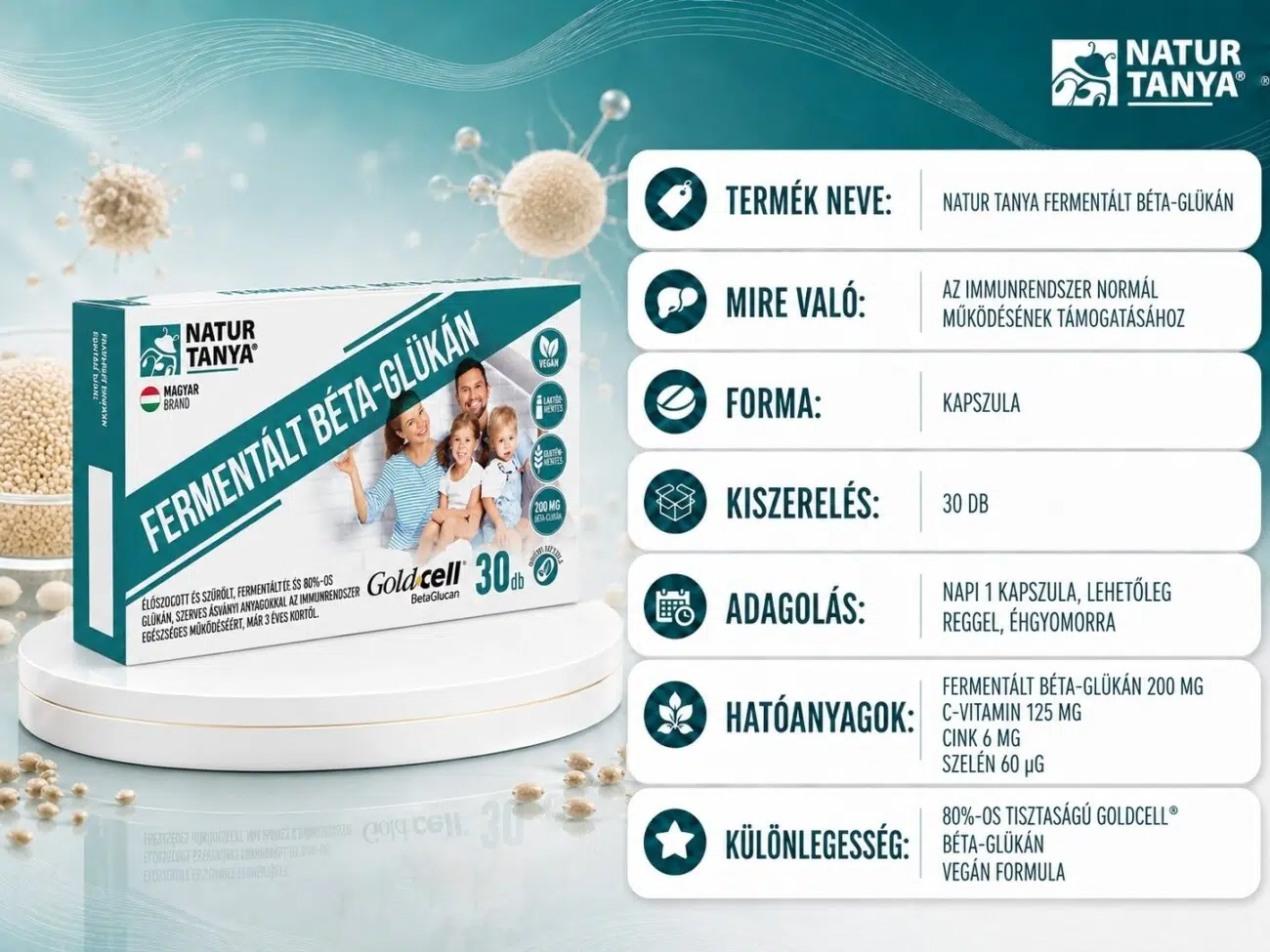Natur Tanya Fermentált Béta-glükán 30db kapszula termékinformáció kártya, adagolás, összetevők, hatóanyagok, 200mg fermentált béta-glükán, 125 mg c-vitamin