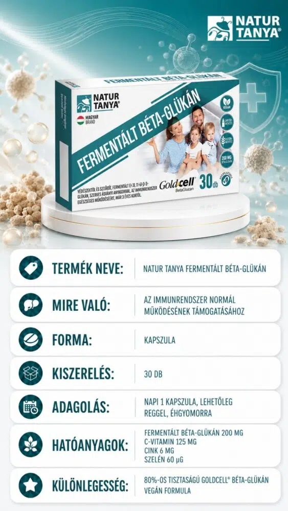 Natur Tanya Fermentált Béta-glükán 30db kapszula termékinformáció kártya, adagolás, összetevők, hatóanyagok, 200mg fermentált béta-glükán, 125 mg c-vitamin