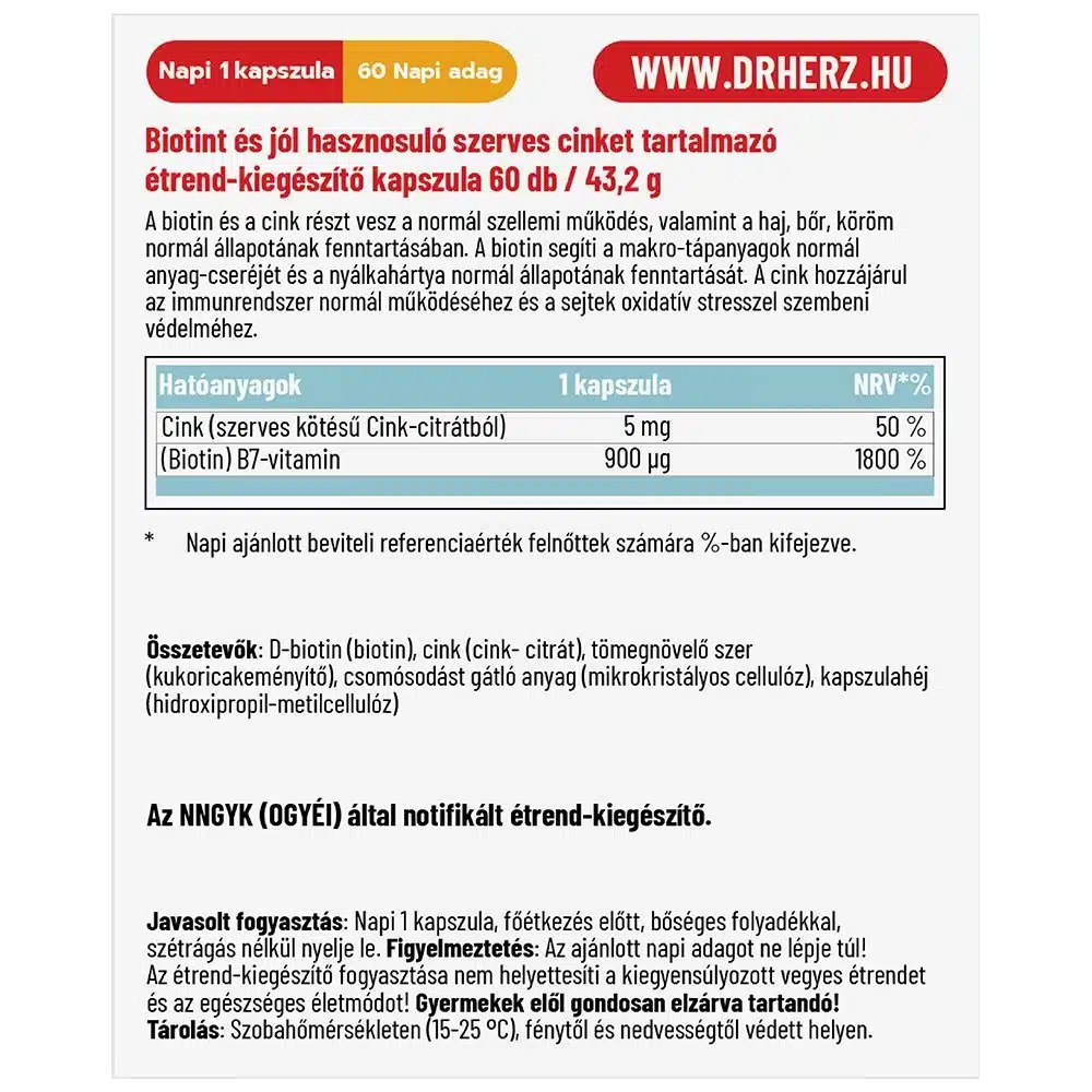 Dr. Herz Biotin + Szerves Cink kapszula Dr. Herz Biotin + Szerves Cink kapszula