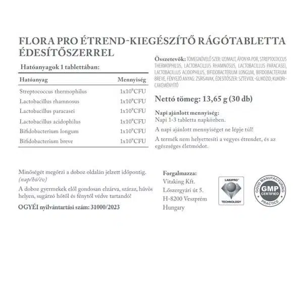 Vitaking Flora Pro élőflórát tartalmazó rágótabletta - 30 Vitaking Flora Pro élőflórát tartalmazó rágótabletta - 30