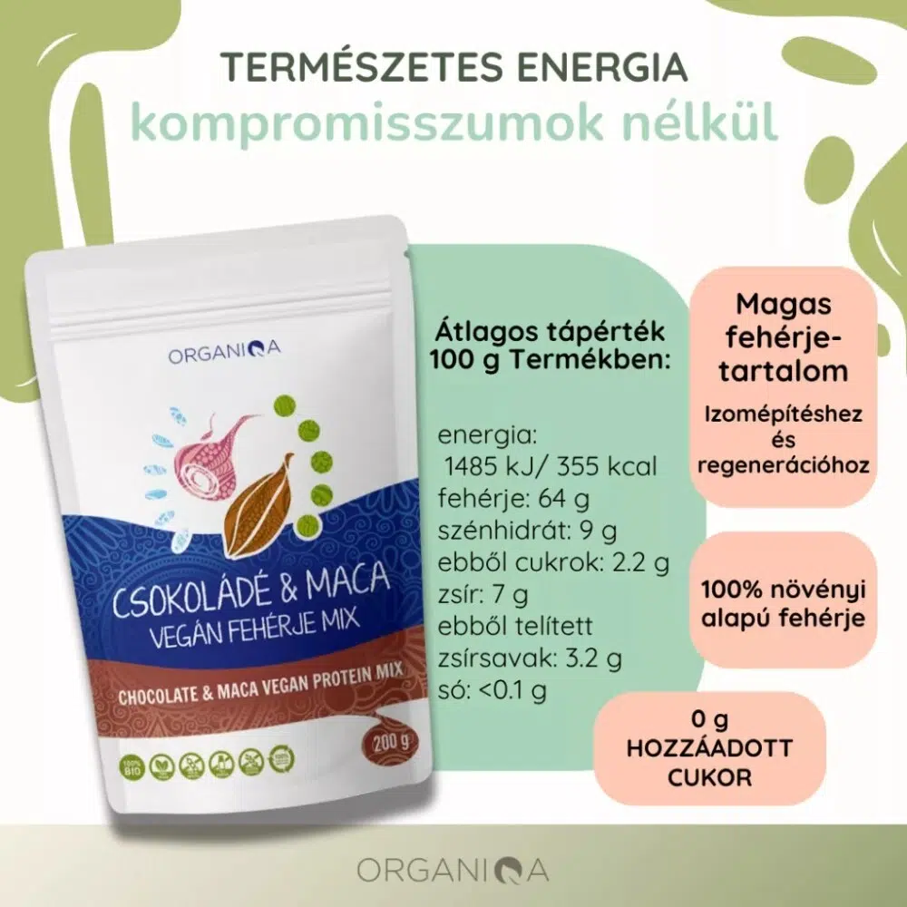 Organiqa 100% bio csokoládé-maca vegán fehérje mix - 200g - Image 6 Organiqa 100% bio csokoládé-maca vegán fehérje mix - 200g - Image 6