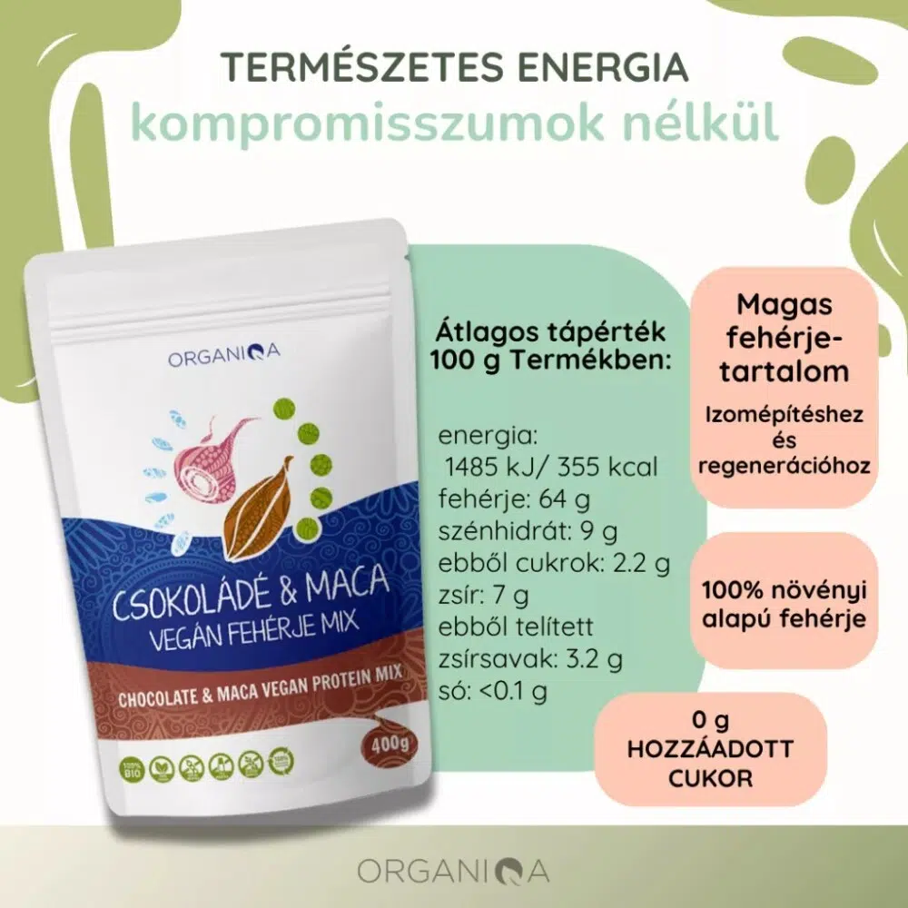 Organiqa 100% bio csokoládé-maca vegán fehérje mix - 400g - Image 6 Organiqa 100% bio csokoládé-maca vegán fehérje mix - 400g - Image 6