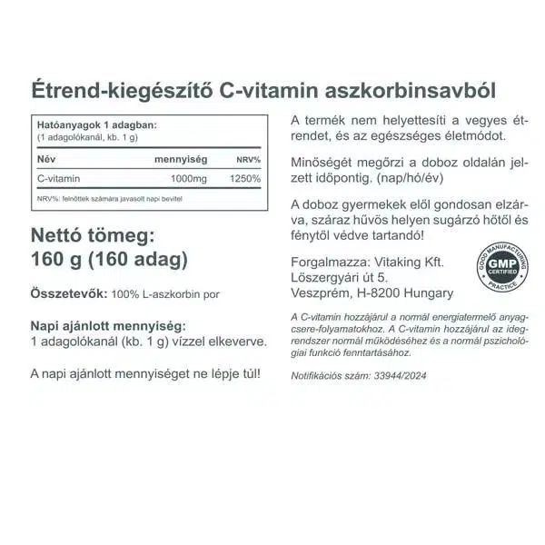 VitaKing Aszkorbinsav + C-vitamin por - 160 VitaKing Aszkorbinsav + C-vitamin por - 160
