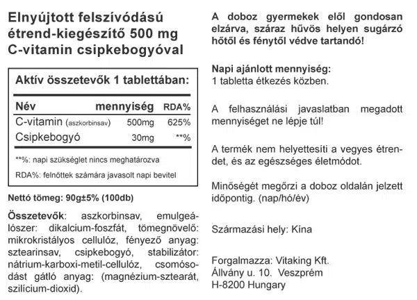 Vitaking 500mg C-vitamint és csipkebogyót tartalmazó RETARD tabletta - 100db Vitaking 500mg C-vitamint és csipkebogyót tartalmazó RETARD tabletta - 100db
