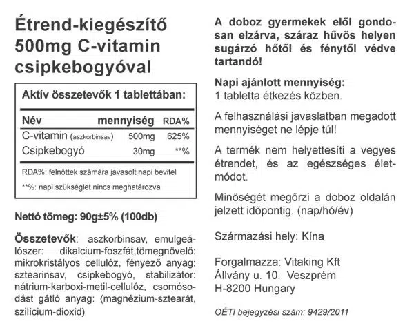 Vitaking 500mg C-vitamint és csipkebogyót tartalmazó tabletta - 100db Vitaking 500mg C-vitamint és csipkebogyót tartalmazó tabletta - 100db
