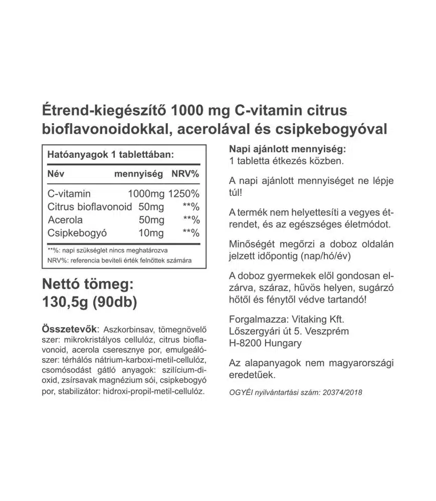 Vitaking C-vitamin 1000mg Bioflavonoid, acerola, csipkebogyó tabletta Vitaking C-vitamin 1000mg Bioflavonoid, acerola, csipkebogyó tabletta