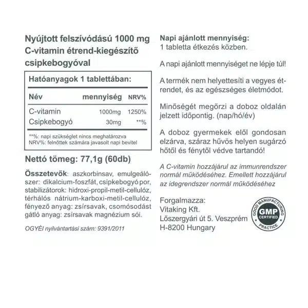Vitaking C-vitamin 1000mg RETARD tabletta - 60 Vitaking C-vitamin 1000mg RETARD tabletta - 60