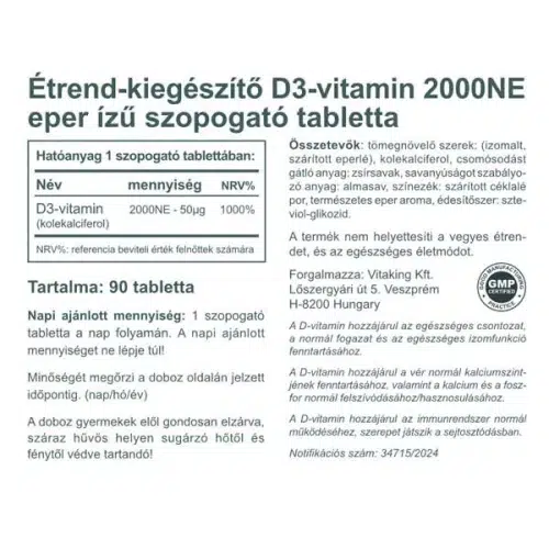 Vitaking D3-vitamin 2000NE epres ízű szopogató tabletta - 90db - Image 3 Vitaking D3-vitamin 2000NE epres ízű szopogató tabletta - 90db - Image 3