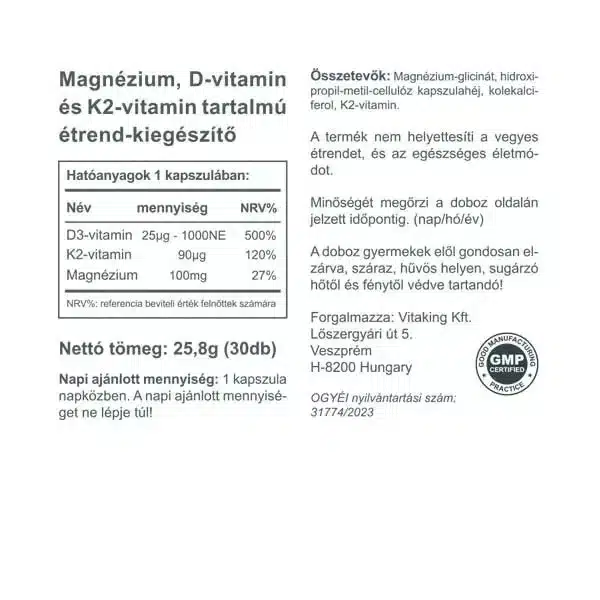 Vitaking Magne Trio Mg + K2 + D3-vitamin kapszula Vitaking Magne Trio Mg + K2 + D3-vitamin kapszula