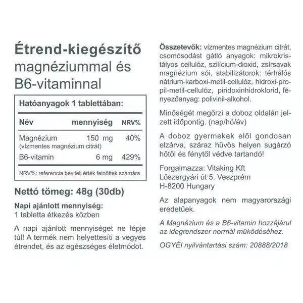 Vitaking Magnesium Citrate 150mg + B6-vitamin tabletta - 30 Vitaking Magnesium Citrate 150mg + B6-vitamin tabletta - 30