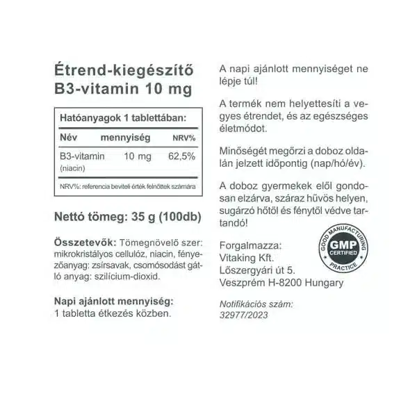 Vitaking Niacin (B3-vitamin) tabletta - 100 Vitaking Niacin (B3-vitamin) tabletta - 100