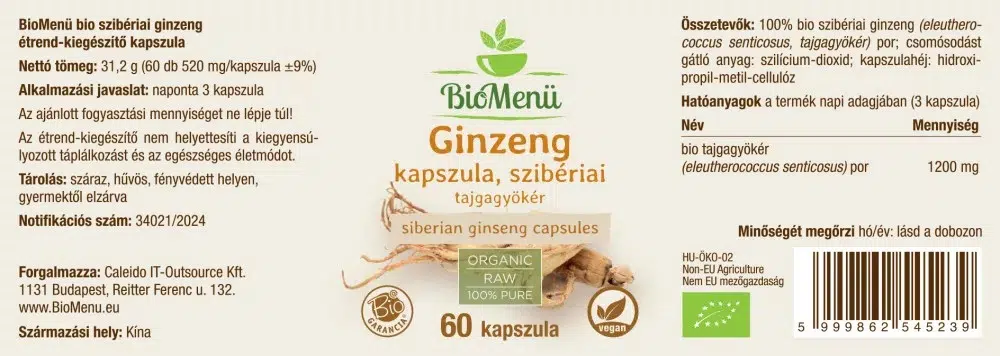 Biomenü Szibériai Ginzeng (Ginseng) kapszula - 60db - Image 2 Biomenü Szibériai Ginzeng (Ginseng) kapszula - 60db - Image 2