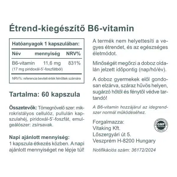 Vitaking B6-vitamin + P5P kapszula - 60 Vitaking B6-vitamin + P5P kapszula - 60