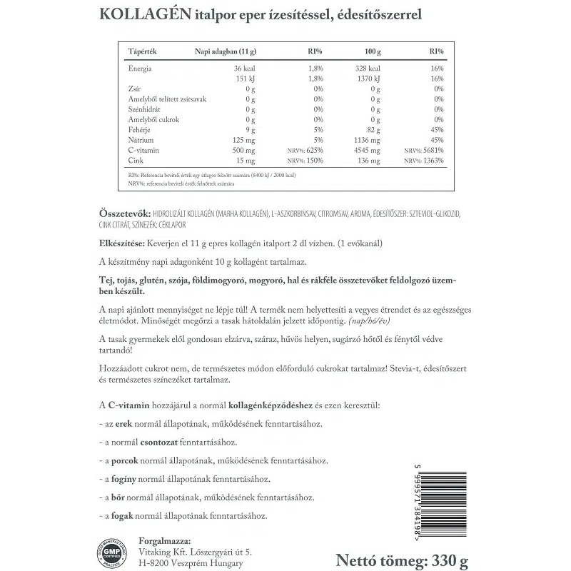 Vitaking Kollagén Eper ízű italpor cimke Vitaking Kollagén Eper ízű italpor cimke