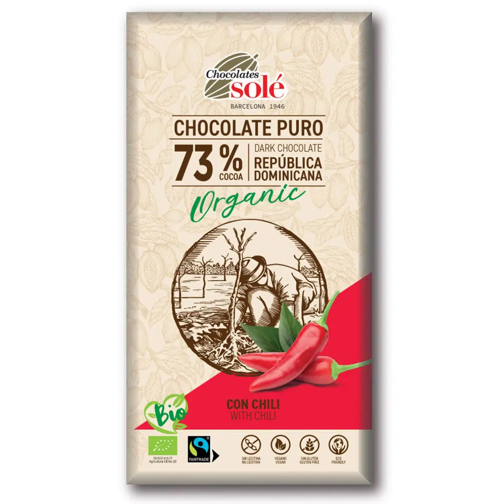 Chocolates Solé 73% Bio Chilis Étcsokoládé - 100g Chocolates Solé 73% Bio Chilis Étcsokoládé - 100g