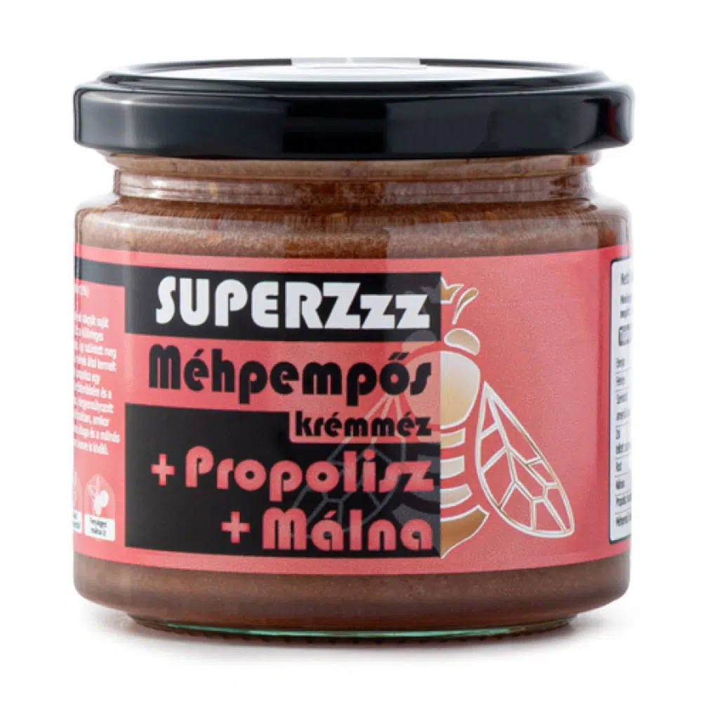 Mézzz SUPERZzz Méhpempős krémméz + propolisz - liofilizált málnával - 250g Mézzz SUPERZzz Méhpempős krémméz + propolisz - liofilizált málnával - 250g